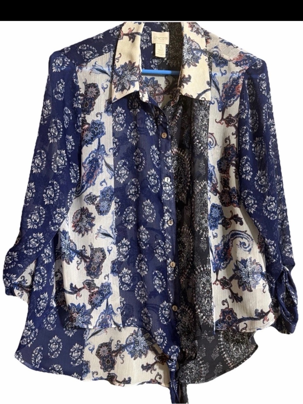 Chicos Blue Paisley  coastal Patchwork Button-Up Blouse chiffon tie front  hem
